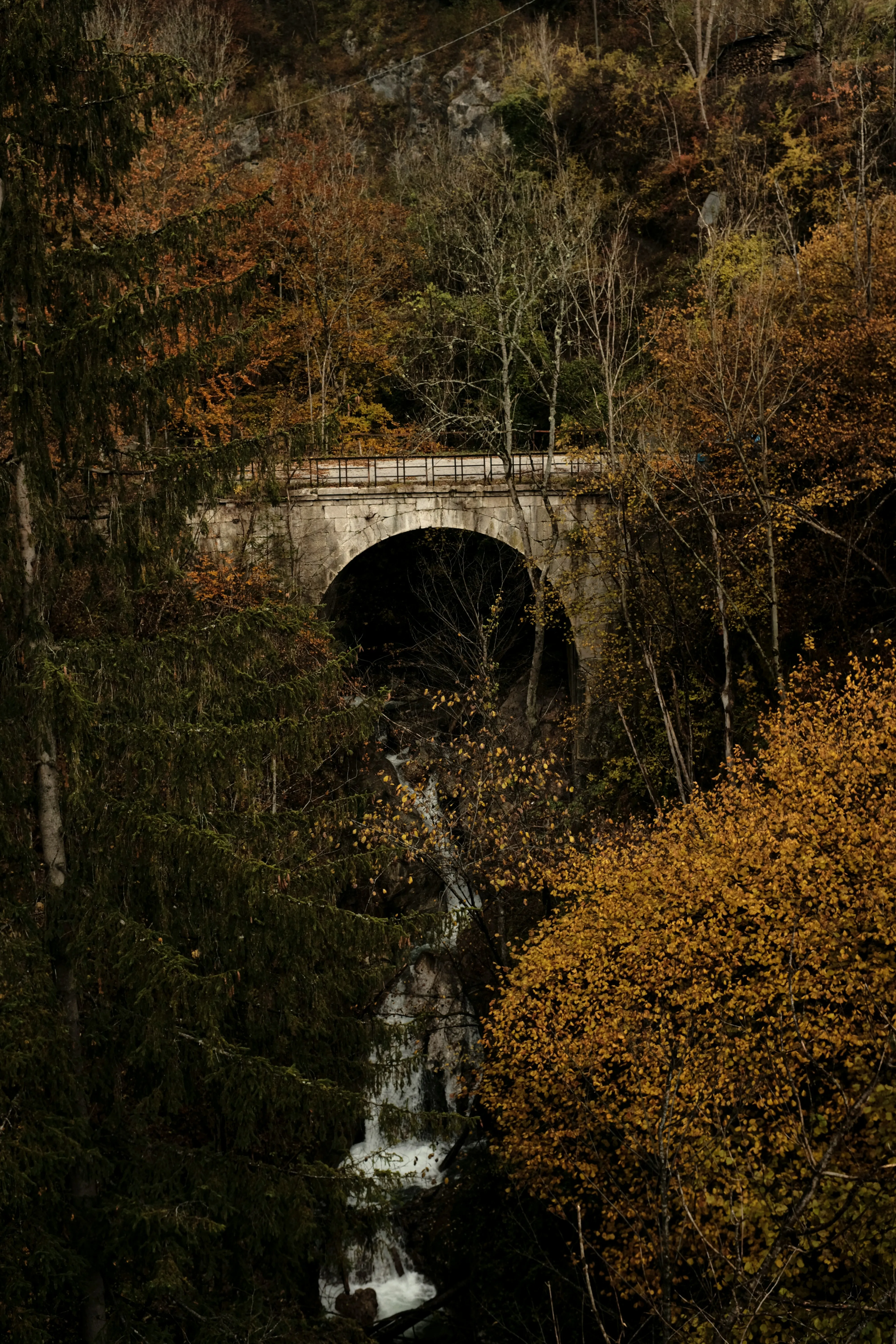 an old bridge with a river under it surrounded by trees in fall